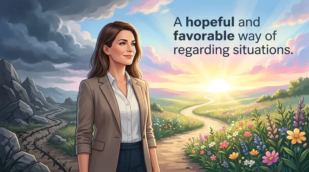 A hopeful and favorable way of regarding situations.