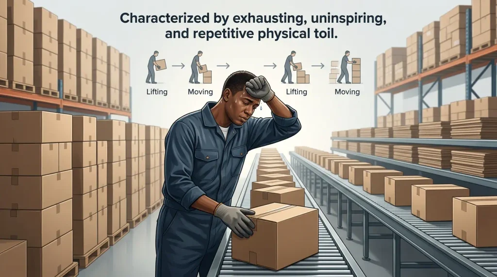 Characterized by exhausting, uninspiring, and repetitive physical toil.
