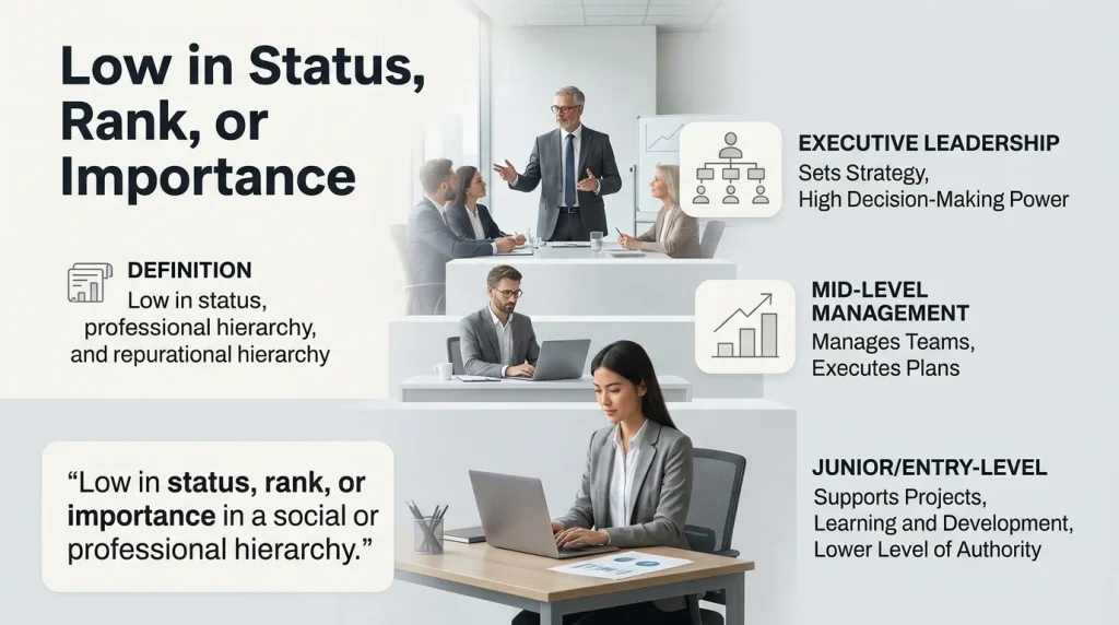 Low in status, rank, or importance in a social or professional hierarchy.