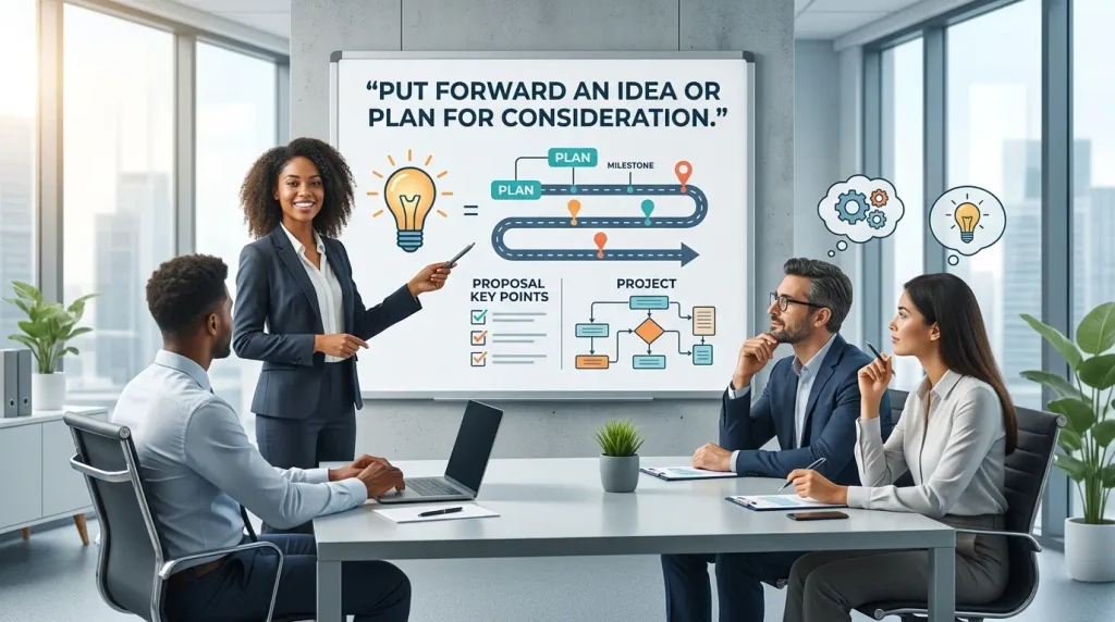 Put forward an idea or plan for consideration