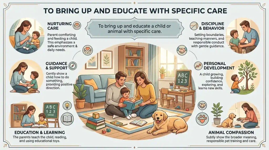 To bring up and educate a child or animal with specific care.