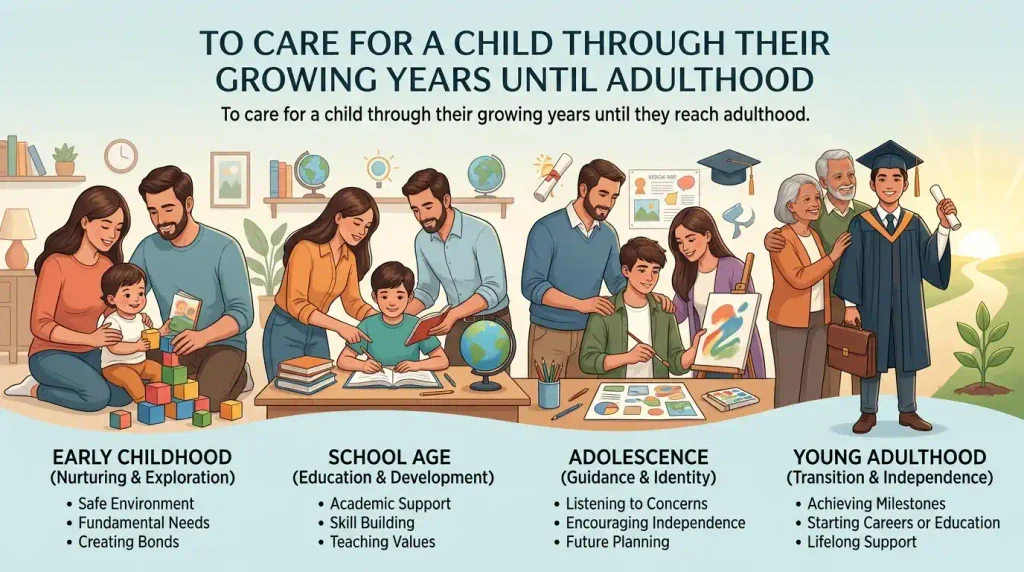 To care for a child through their growing years until they reach adulthood.