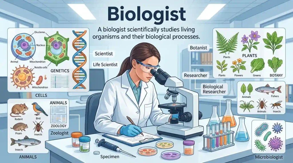 A biologist scientifically studies living organisms and their biological processes.