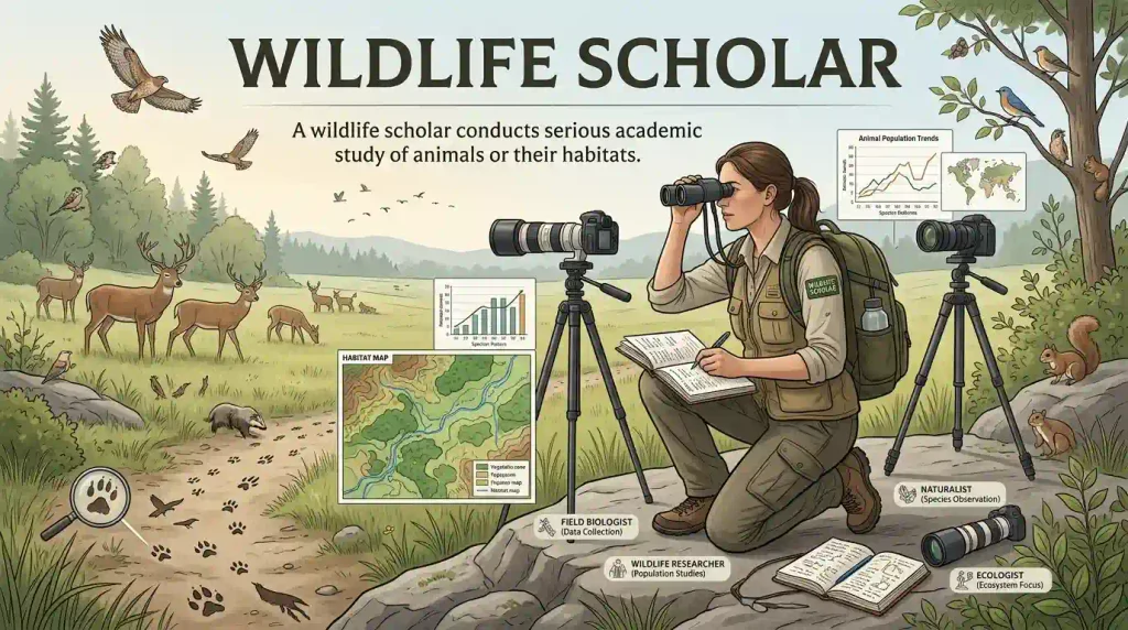 A wildlife scholar conducts serious academic study of animals or their habitats.