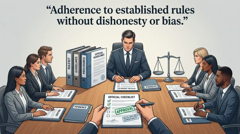 Adherence to established rules without dishonesty or bias.