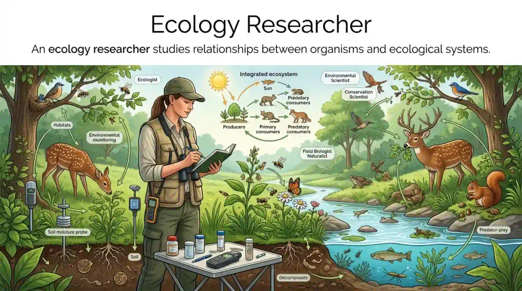 An ecology researcher studies relationships between organisms and ecological systems.
