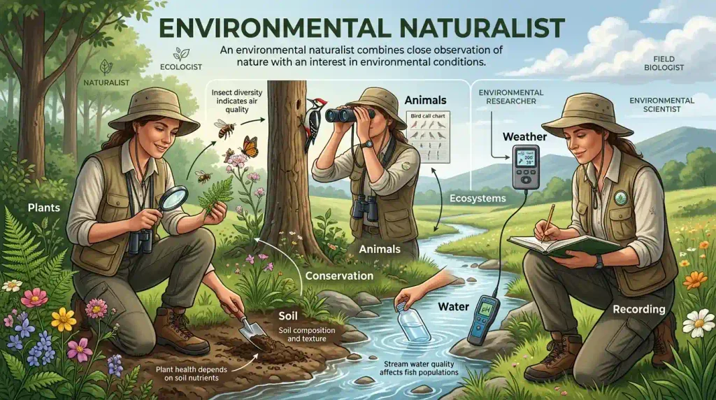 An environmental naturalist combines close observation of nature with an interest in environmental conditions.