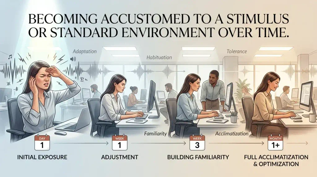 Becoming accustomed to a stimulus or standard environment over time.