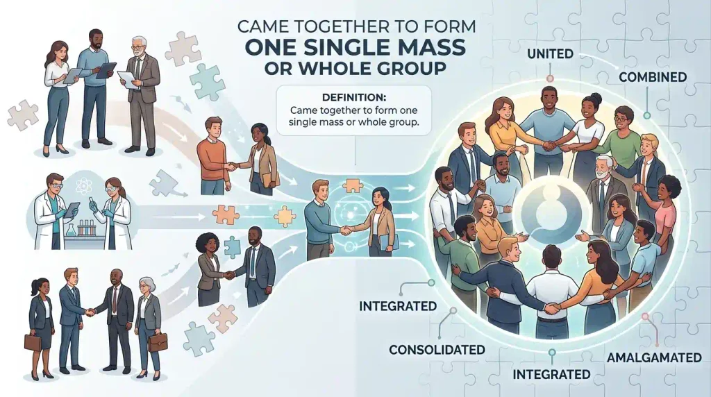 Came together to form one single mass or whole group.