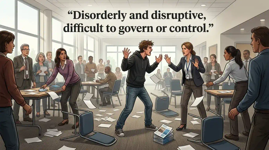 Disorderly and disruptive, difficult to govern or control.
