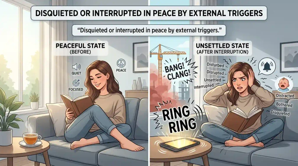 Disquieted or interrupted in peace by external triggers.