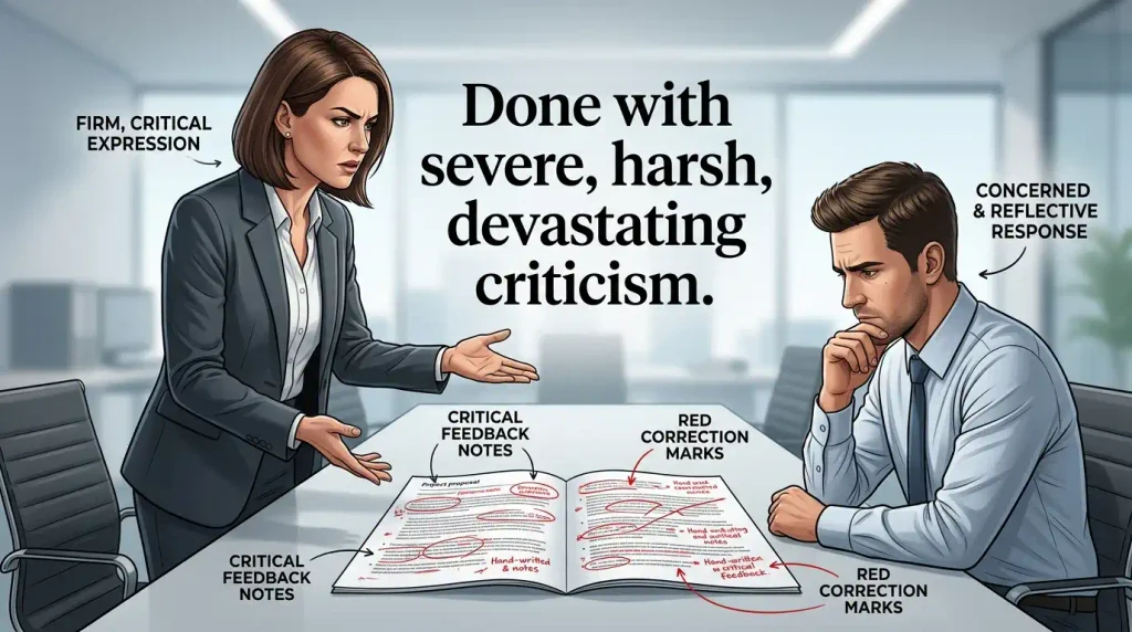 Done with severe, harsh, and devastating criticism.