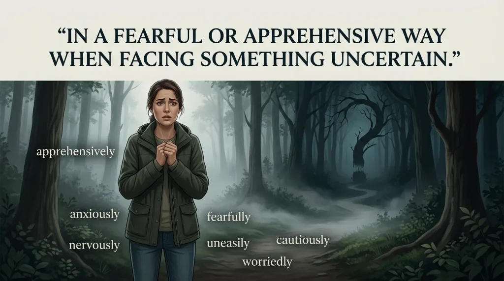 In a fearful or apprehensive way when facing something uncertain.