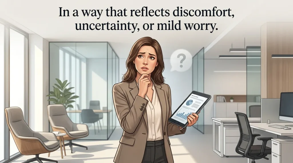 In a way that reflects discomfort, uncertainty, or mild worry.