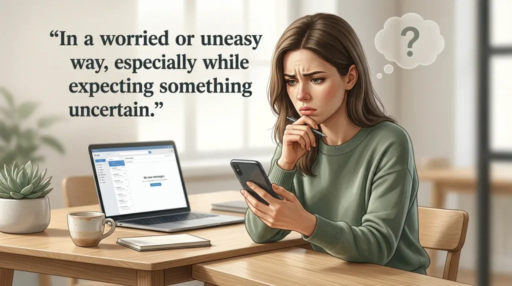 In a worried or uneasy way, especially while expecting something uncertain.