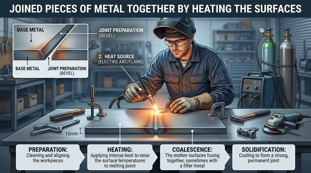 Joined pieces of metal together by heating the surfaces.