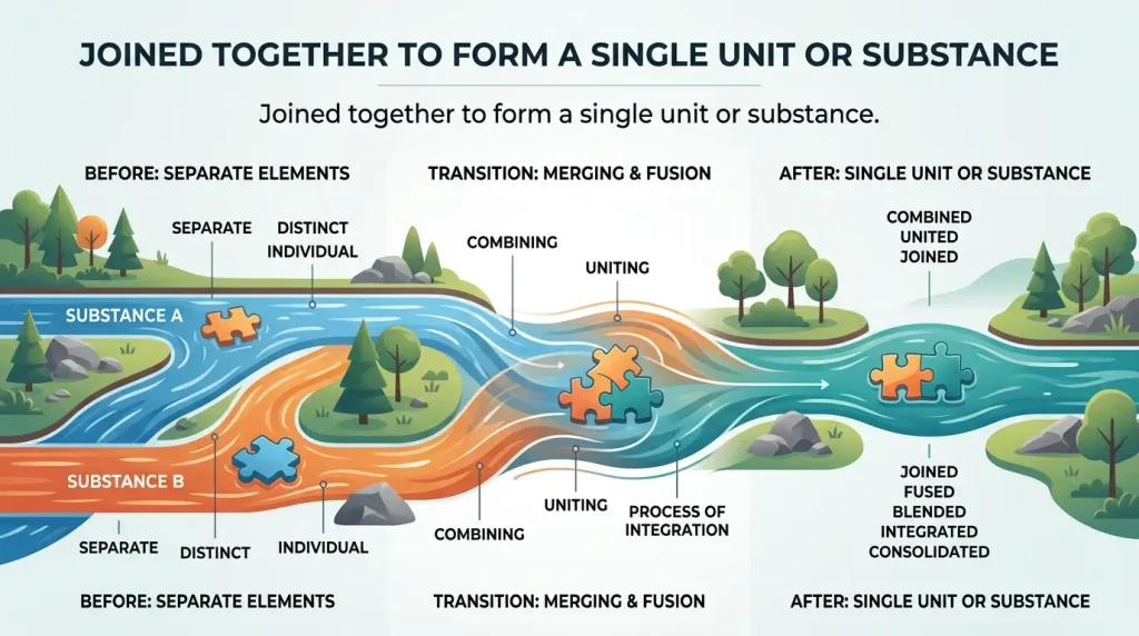 Joined together to form a single unit or substance.