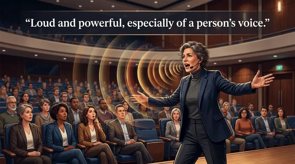 Loud and powerful, especially of a person's voice.