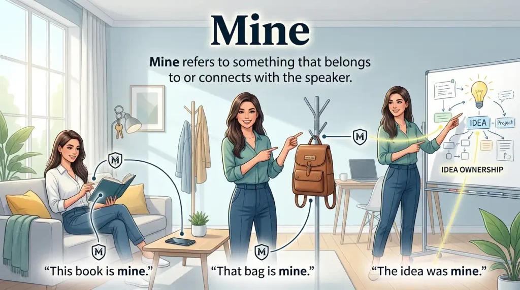 Mine refers to something that belongs to or connects with the speaker.