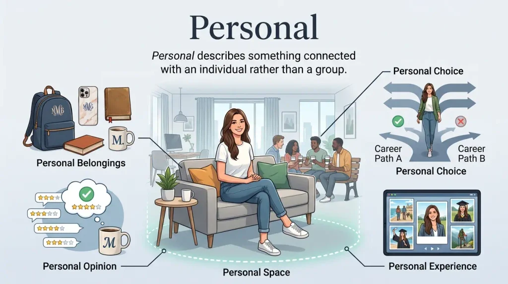 Personal describes something connected with an individual rather than a group.