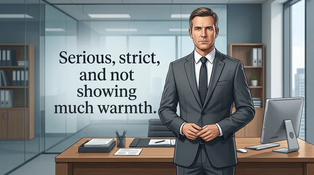 Serious, strict, and not showing much warmth.