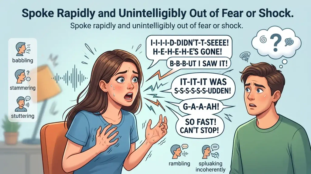 Spoke rapidly and unintelligibly out of fear or shock.