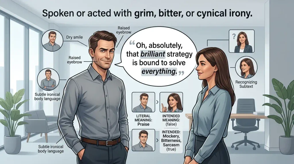 Spoken or acted with grim, bitter, or cynical irony.