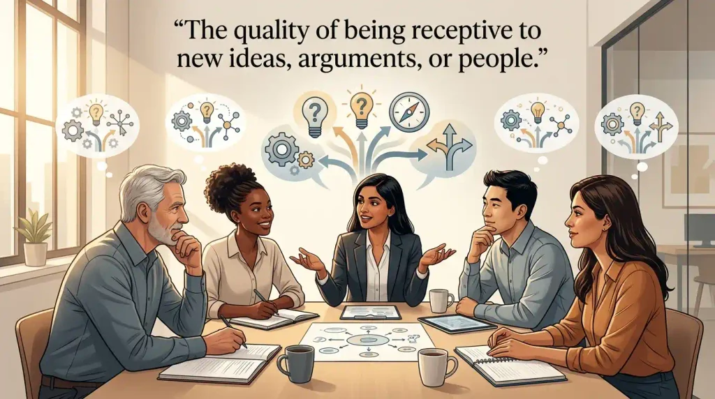 The quality of being receptive to new ideas, arguments, or people.