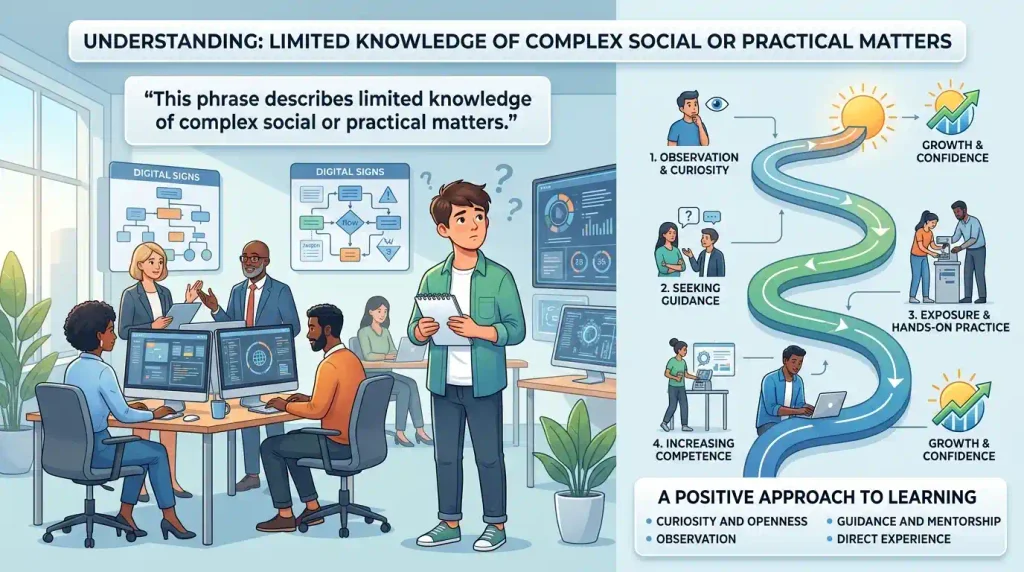 This phrase describes limited knowledge of complex social or practical matters.
