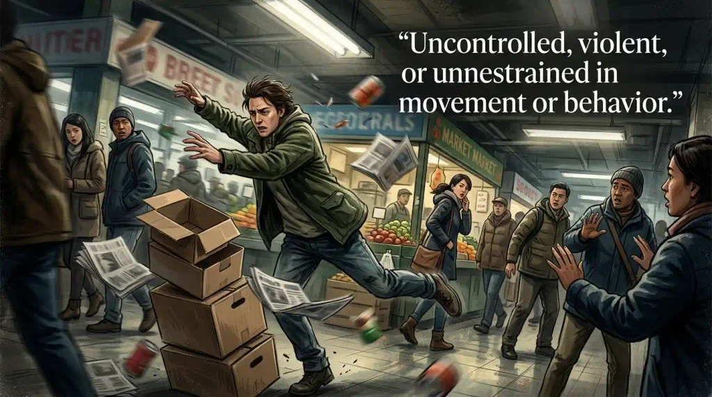 Uncontrolled, violent, or unrestrained in movement or behavior.