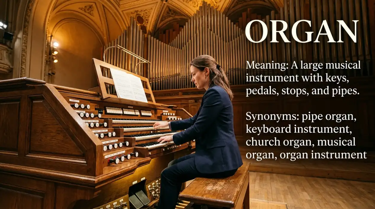 A musical instrument with a set of keys, often used to refer to organs.