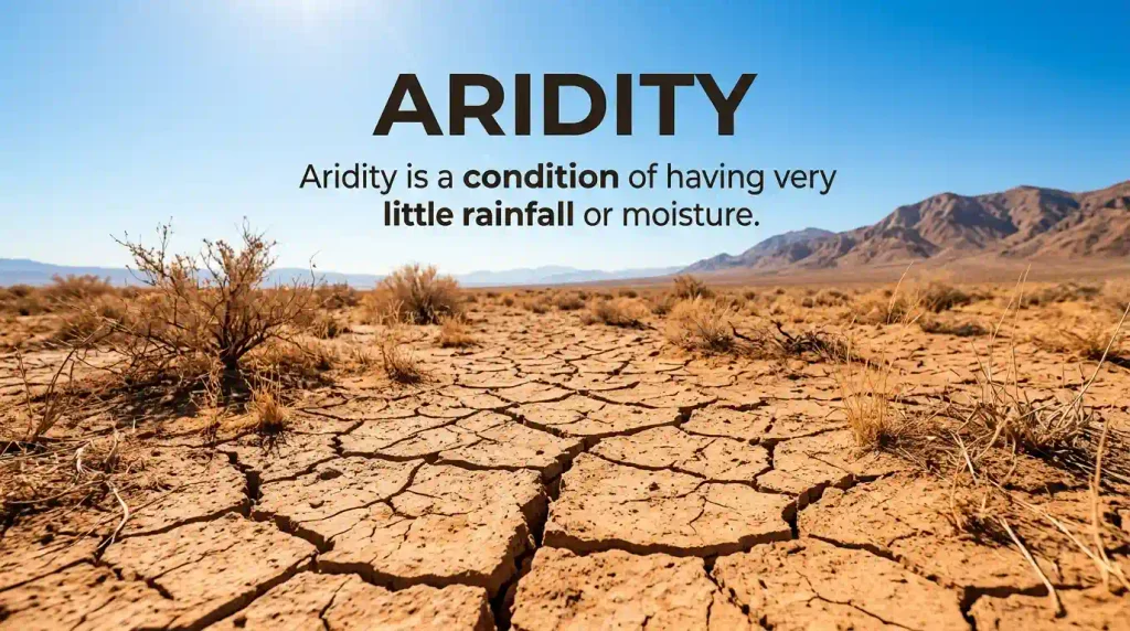 Aridity is a condition of having very little rainfall or moisture.