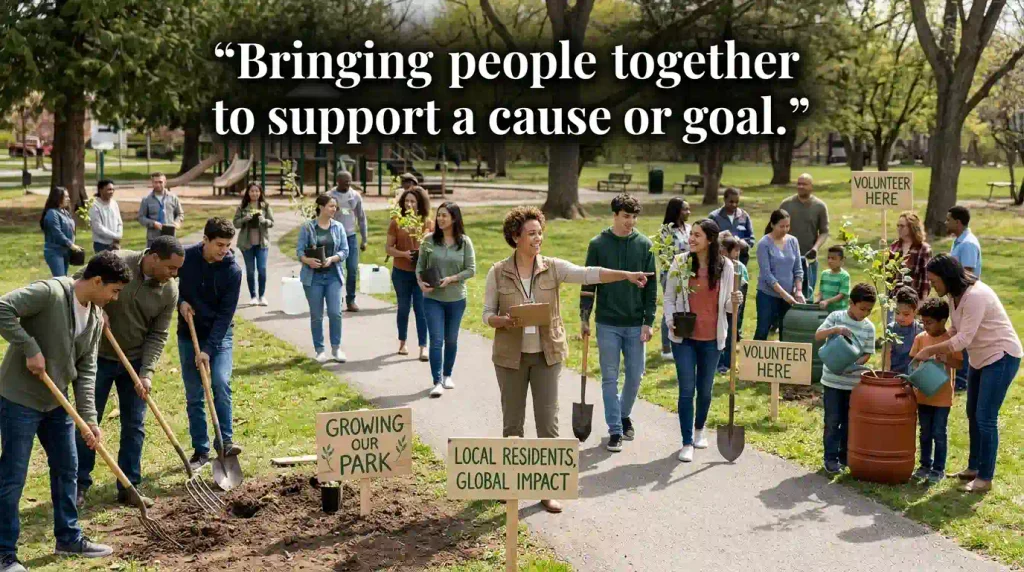 Bringing people together to support a cause or goal.