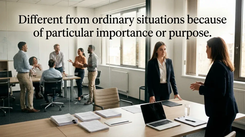 Different from ordinary situations because of particular importance or purpose.