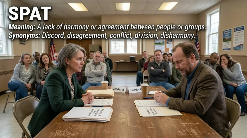 Discord means a lack of harmony or agreement between people or groups.
