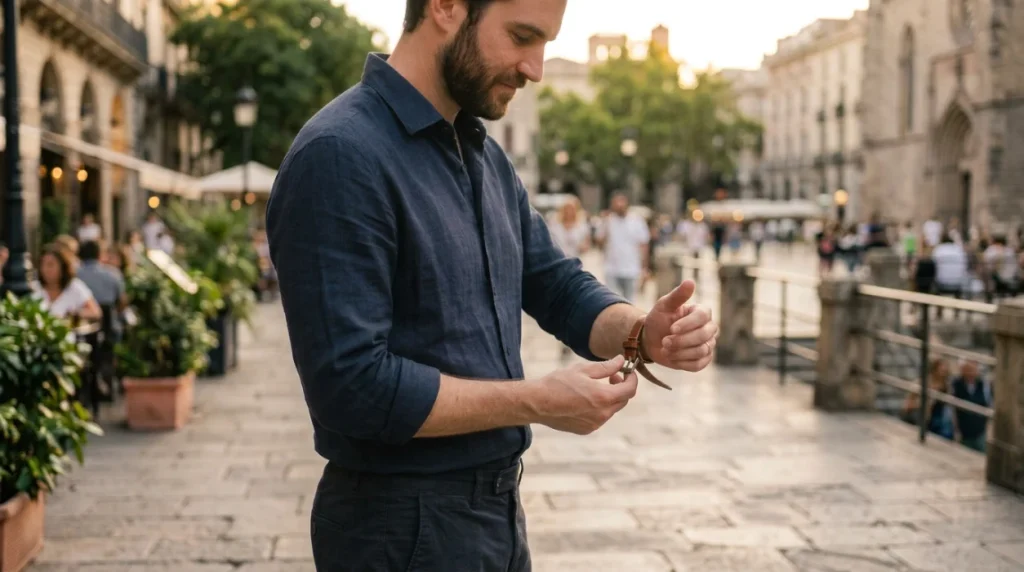 Fastening on means attaching or securing something worn on the body.