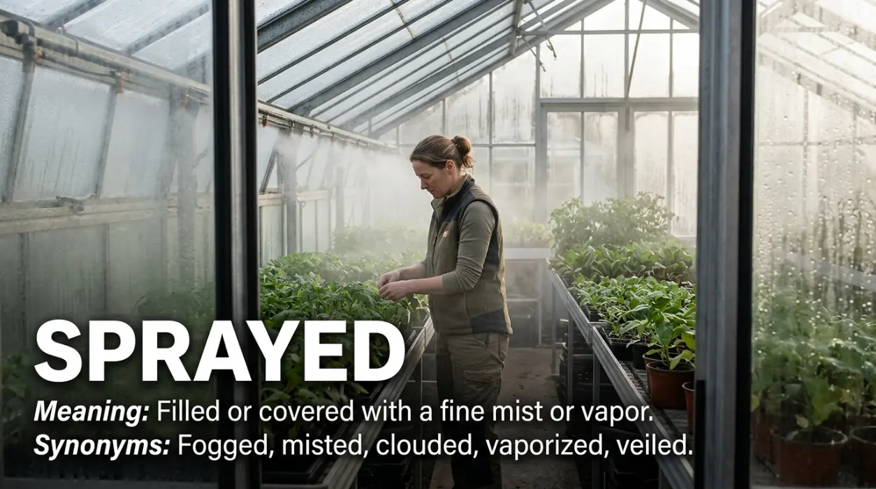 Fogged means filled or covered with a fine mist or vapor.