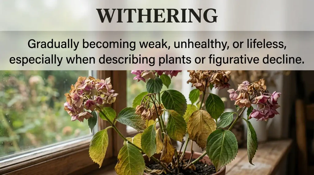 Gradually becoming weak, unhealthy, or lifeless, especially when describing plants or figurative decline.