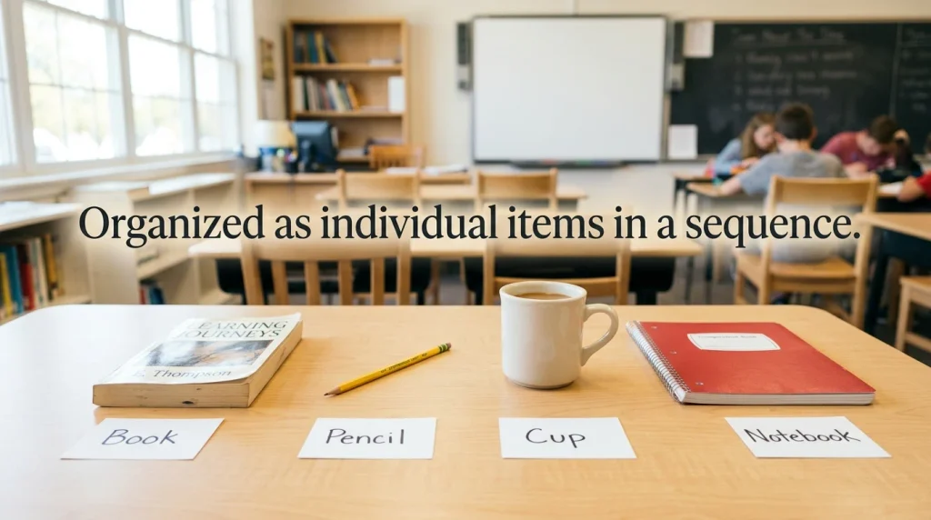  Organized as individual items in a sequence.