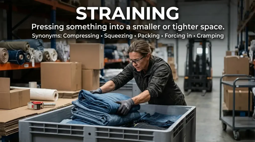 Pressing something into a smaller or tighter space.