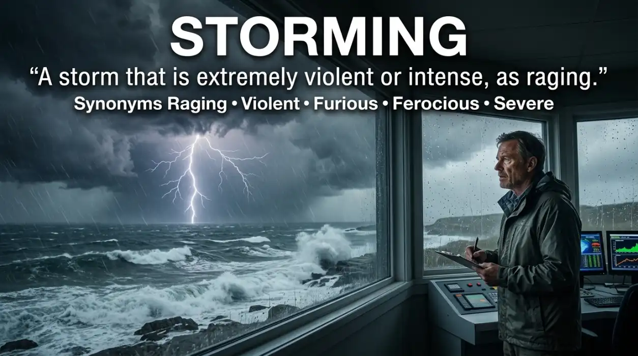 Raging can describe a storm that is extremely violent or intense.