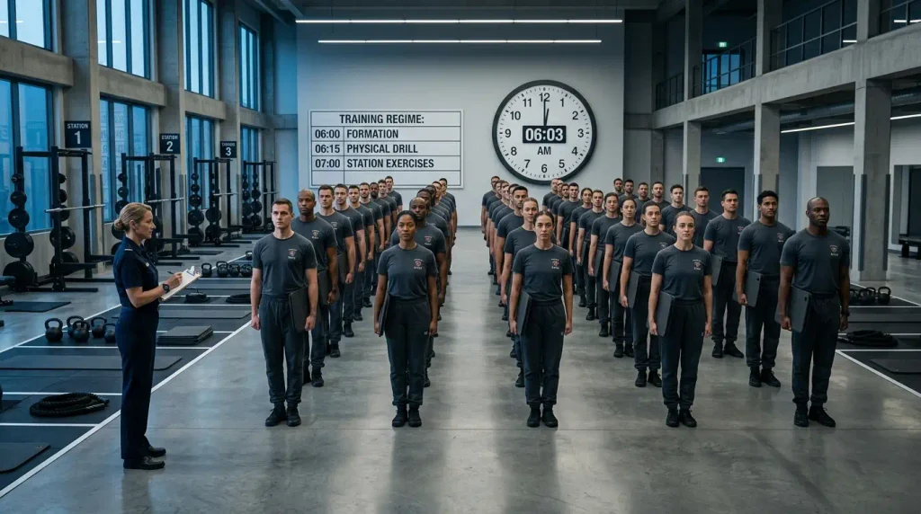 Regimental routine showing strict organization and control as a synonym for orderly