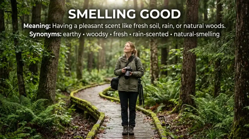 Resembling fresh soil, rain, or natural woods pleasantly.