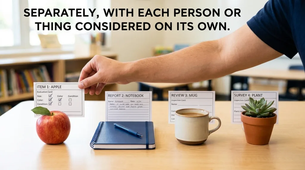 Separately, with each person or thing considered on its own.