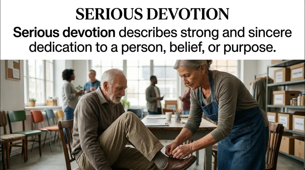 Serious devotion describes strong and sincere dedication to a person, belief, or purpose.