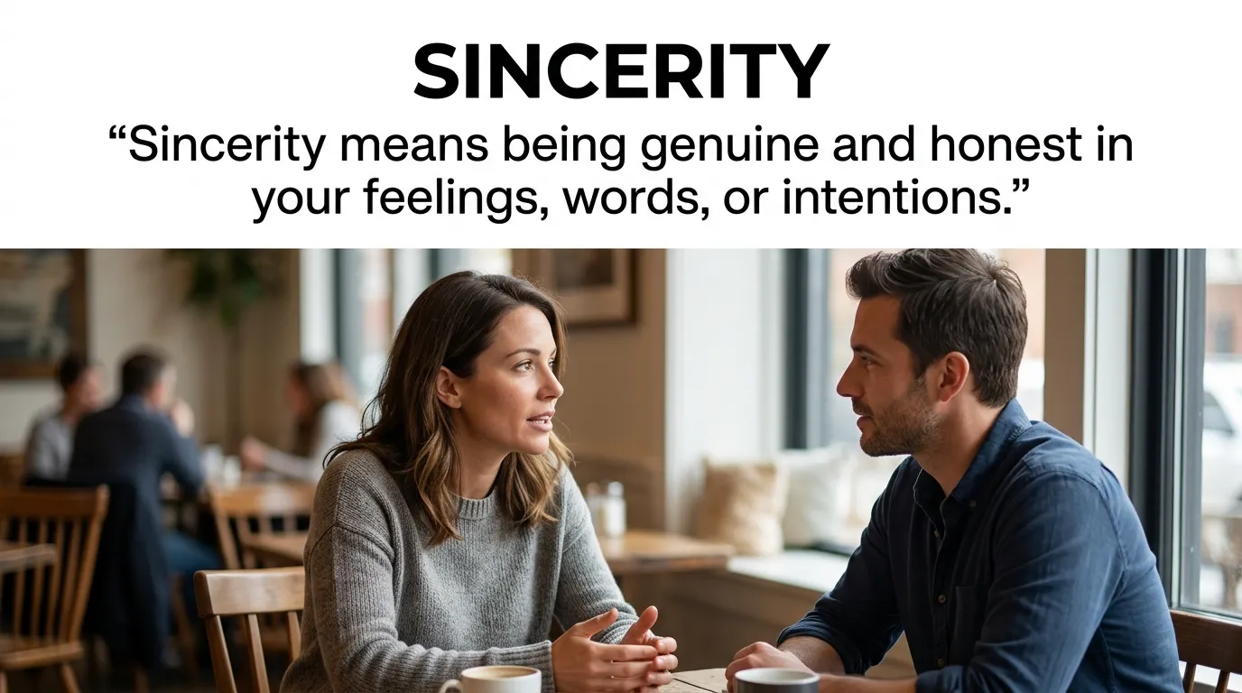Sincerity means being genuine and honest in your feelings, words, or intentions.