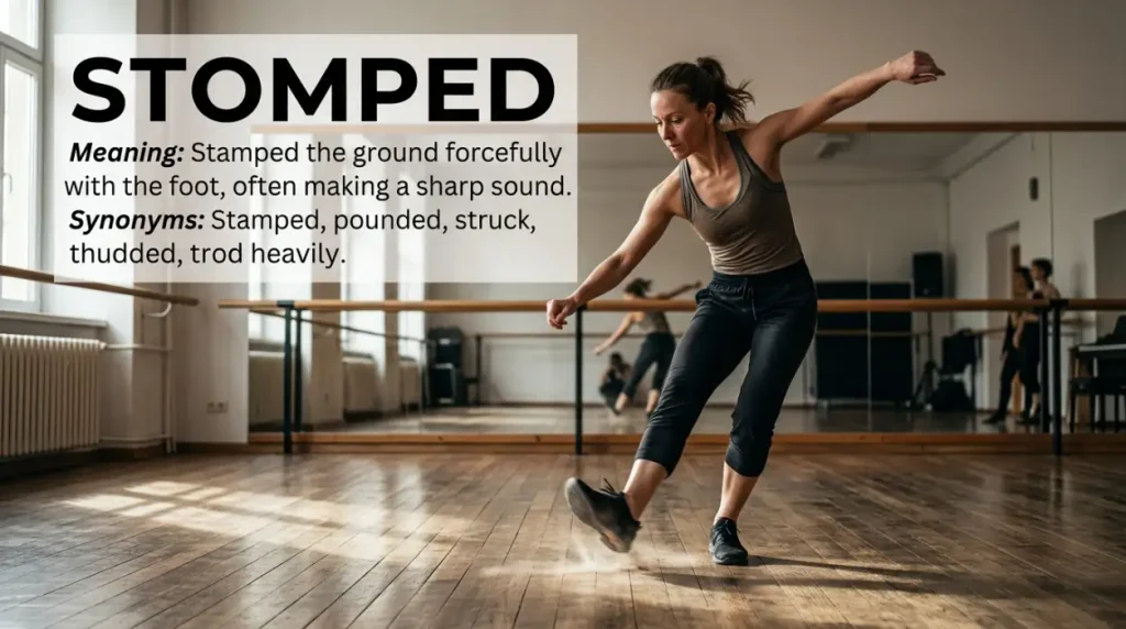 Stamped means struck the ground forcefully with the foot, often producing a sharp sound.