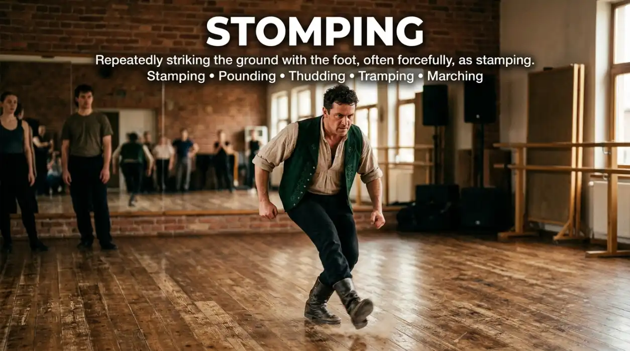 Stamping means repeatedly striking the ground with the foot, often forcefully.