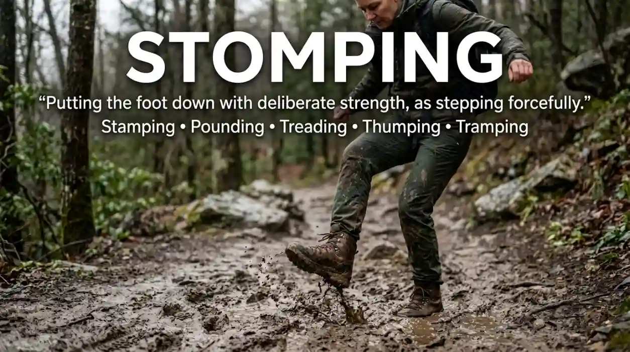 Stepping forcefully means putting the foot down with deliberate strength.