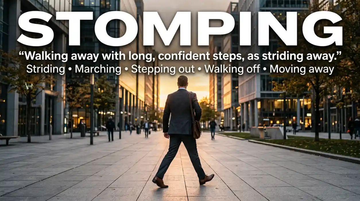Striding away means walking away with long, confident steps.